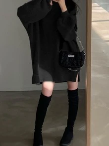 素色落肩袖側邊開叉超大毛衣洋裝