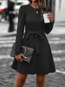 SHEIN LUNE Cable Knit Belted Jumper Dress - Black - View 1