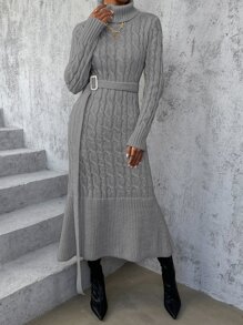 SHEIN Privé Cable Knit Turtleneck Ruffle Hem Belted Jumper Dress - Grey - View 1