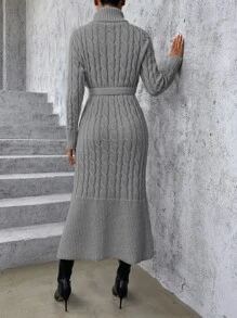 SHEIN Privé Cable Knit Turtleneck Ruffle Hem Belted Jumper Dress - Grey - View 2