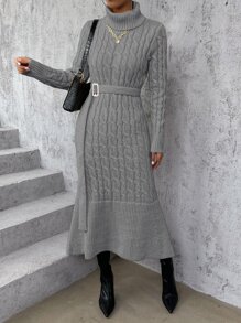 SHEIN Privé Cable Knit Turtleneck Ruffle Hem Belted Jumper Dress - Grey - View 3