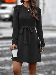 SHEIN LUNE Cable Knit Belted Jumper Dress - Black - View 3