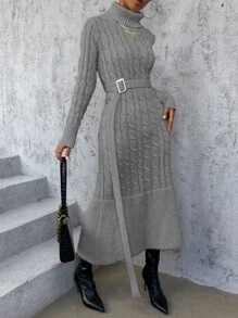 SHEIN Privé Cable Knit Turtleneck Ruffle Hem Belted Jumper Dress - Grey - View 4