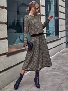 SHEIN LUNE Allover Print Top & Skirt - Khaki - View 1