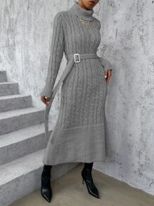 SHEIN Privé Cable Knit Turtleneck Ruffle Hem Belted Jumper Dress - Grey - View 5