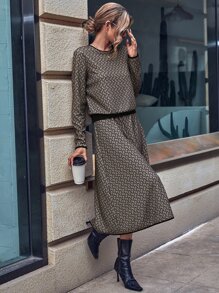 SHEIN LUNE Allover Print Top & Skirt - Khaki - View 5