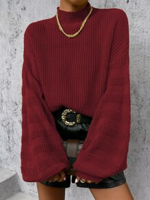 SHEIN Essnce Jersey de cuello alto de manga obispo tejido de canalé - Burdeos - Ver 1