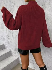 SHEIN Essnce Jersey de cuello alto de manga obispo tejido de canalé - Burdeos - Ver 2