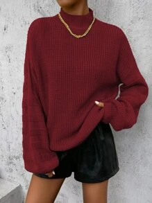 SHEIN Essnce Jersey de cuello alto de manga obispo tejido de canalé - Burdeos - Ver 4