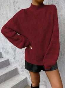 SHEIN Essnce Jersey de cuello alto de manga obispo tejido de canalé - Burdeos - Ver 5