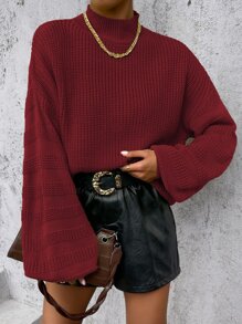 SHEIN Essnce Jersey de cuello alto de manga obispo tejido de canalé - Burdeos - Ver 6