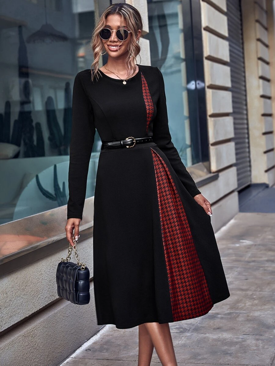 SHEIN LUNE Đầm Dây kéo Khối Màu răng cưa Giải trí - màu đen - Xem 1