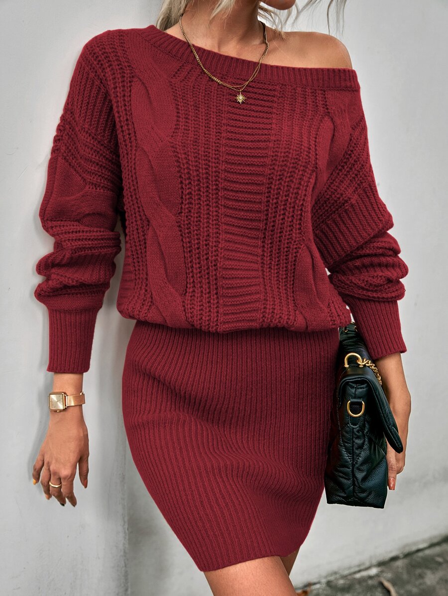 SHEIN Essnce Boat Neck Drop Shoulder Cable Knit Jumper Dress - Burgundy - View 1