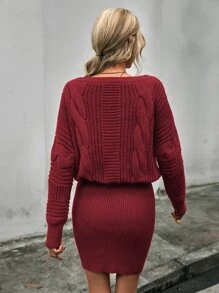 SHEIN Essnce Boat Neck Drop Shoulder Cable Knit Jumper Dress - Burgundy - View 2