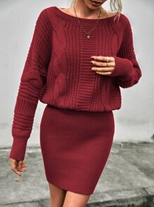 SHEIN Essnce Boat Neck Drop Shoulder Cable Knit Jumper Dress - Burgundy - View 5