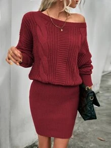 SHEIN Essnce Boat Neck Drop Shoulder Cable Knit Jumper Dress - Burgundy - View 6