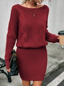 SHEIN Essnce Boat Neck Drop Shoulder Cable Knit Jumper Dress - Burgundy - View 7