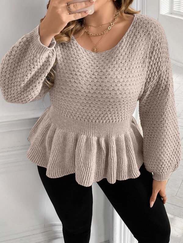 SHEIN Unity Plus Lantern Sleeve Peplum Sweater, For Winter Knit Pullover Fall Sweater