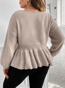 SHEIN Unity 加长灯笼袖荷叶边毛衣，适合冬季和秋季穿着的针织套头衫 - 杏色 - 查看 2