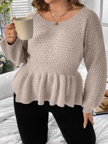 SHEIN Unity 加长灯笼袖荷叶边毛衣，适合冬季和秋季穿着的针织套头衫 - 杏色 - 查看 3