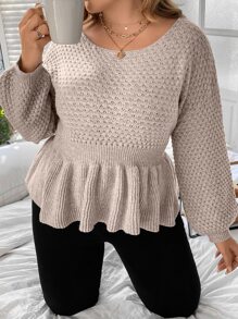 SHEIN Unity 加长灯笼袖荷叶边毛衣，适合冬季和秋季穿着的针织套头衫 - 杏色 - 查看 4