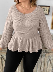 SHEIN Unity 加长灯笼袖荷叶边毛衣，适合冬季和秋季穿着的针织套头衫 - 杏色 - 查看 5