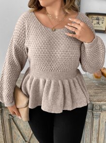 SHEIN Unity 加长灯笼袖荷叶边毛衣，适合冬季和秋季穿着的针织套头衫 - 杏色 - 查看 6