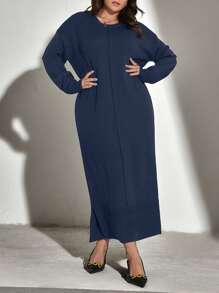 Mulvari Plus Drop Shoulder Split Hem Jumper Dress Without Belt - Navy Blue - View 1