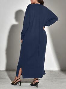 Mulvari Plus Drop Shoulder Split Hem Jumper Dress Without Belt - Navy Blue - View 2