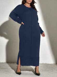 Mulvari Plus Drop Shoulder Split Hem Jumper Dress Without Belt - Navy Blue - View 3
