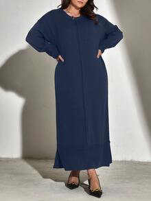 Mulvari Plus Drop Shoulder Split Hem Jumper Dress Without Belt - Navy Blue - View 5