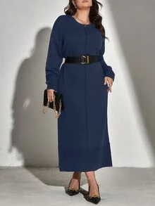 Mulvari Plus Drop Shoulder Split Hem Jumper Dress Without Belt - Navy Blue - View 6