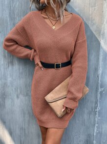 SHEIN Unity Vestido de punto de hombros caídos tejido de canalé sin cinturón - Óxido marrón - Ver 6