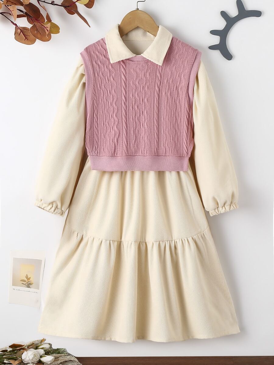 女孩燈籠袖荷葉邊洋裝和背心上衣