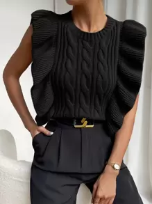 Chiquease Cable Knit Ruffle Trim Sweater Vest - Black - View 3