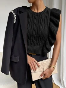 Chiquease Cable Knit Ruffle Trim Sweater Vest - Black - View 5
