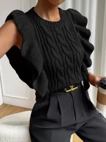 Chiquease Cable Knit Ruffle Trim Sweater Vest - Black - View 7