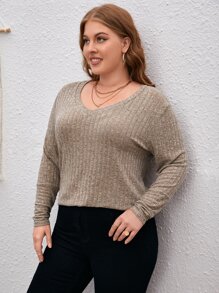 SHEIN LUNE Plus V Neck Tee - Khaki - View 3