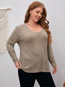 SHEIN LUNE Plus V Neck Tee - Khaki - View 4