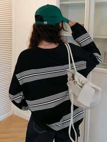 Pullover de rayas de hombros caídos - Negro - Ver 2