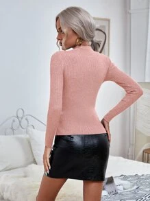 RueChic Áo len nữ Gân đan màu trơn Giải trí - Màu Hồng  San hô - Xem 2