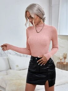 RueChic Áo len nữ Gân đan màu trơn Giải trí - Màu Hồng  San hô - Xem 3