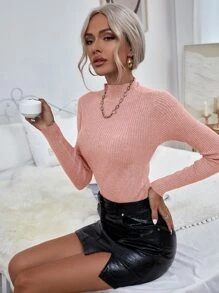 RueChic Áo len nữ Gân đan màu trơn Giải trí - Màu Hồng  San hô - Xem 4