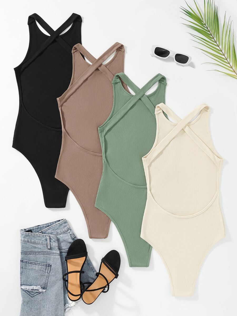 SHEIN Unity 4pcs Rib Knit Criss Cross Bodysuit - Multicolor - View 1