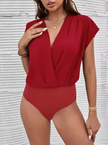 SHEIN Privé Overlap Collar Dolman Sleeve Bodysuit - Burgundy - View 1