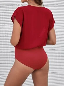 SHEIN Privé Overlap Collar Dolman Sleeve Bodysuit - Burgundy - View 2