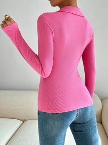 SHEIN LUNE Solid Rib-knit Tee - Pink - View 2