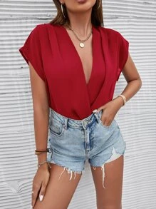 SHEIN Privé Overlap Collar Dolman Sleeve Bodysuit - Burgundy - View 4