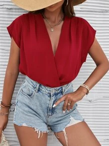 SHEIN Privé Overlap Collar Dolman Sleeve Bodysuit - Burgundy - View 6