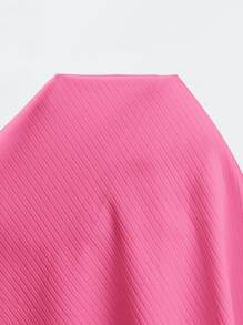 SHEIN LUNE Solid Rib-knit Tee - Pink - View 7